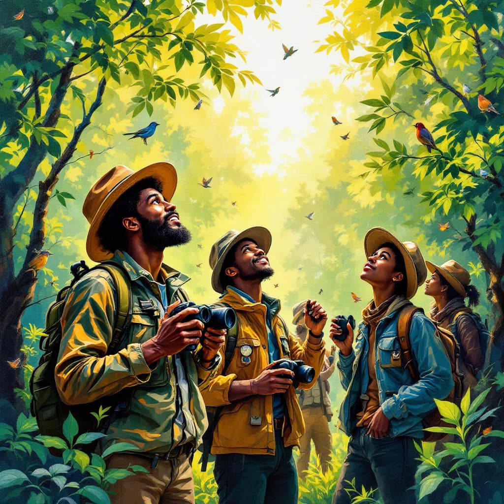 AI generated: A vibrant acrylic oil painting depicting a group of Afro American bird watchers. They are standing i...