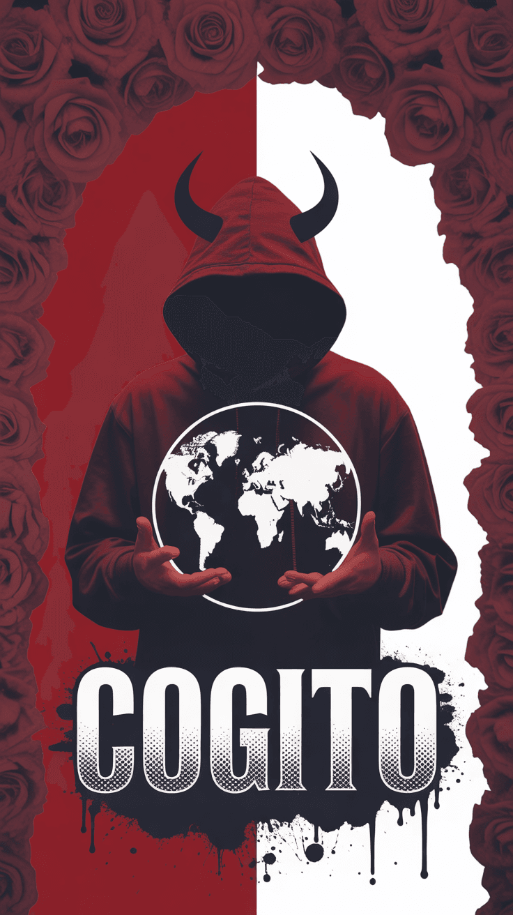 AI generated: Gothic rose arch inkblot style, mysterious hooded figure holding a world silhouette with devil horns...