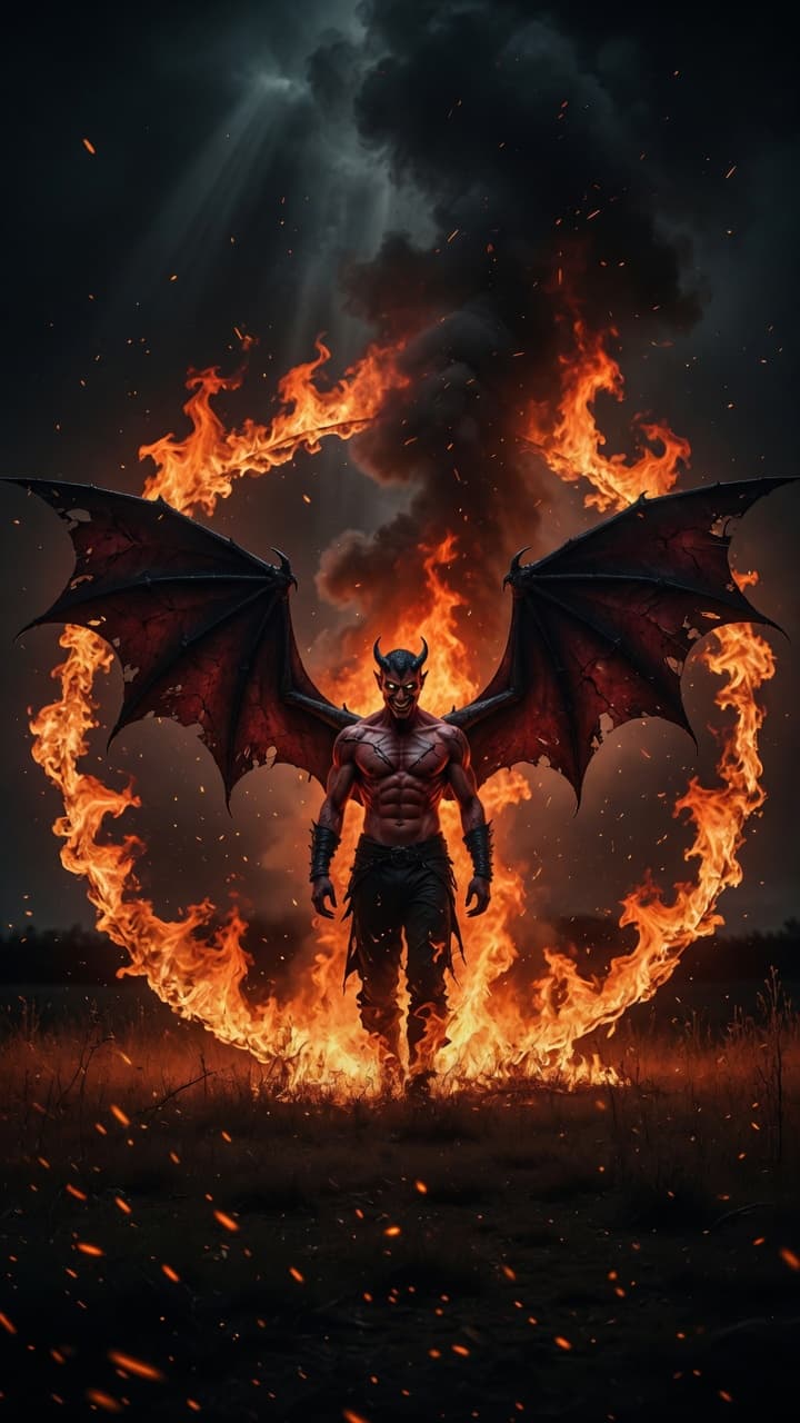 AI generated: Full body cinematic shot of a menacing demonic figure standing perfectly centered in a massive roari...