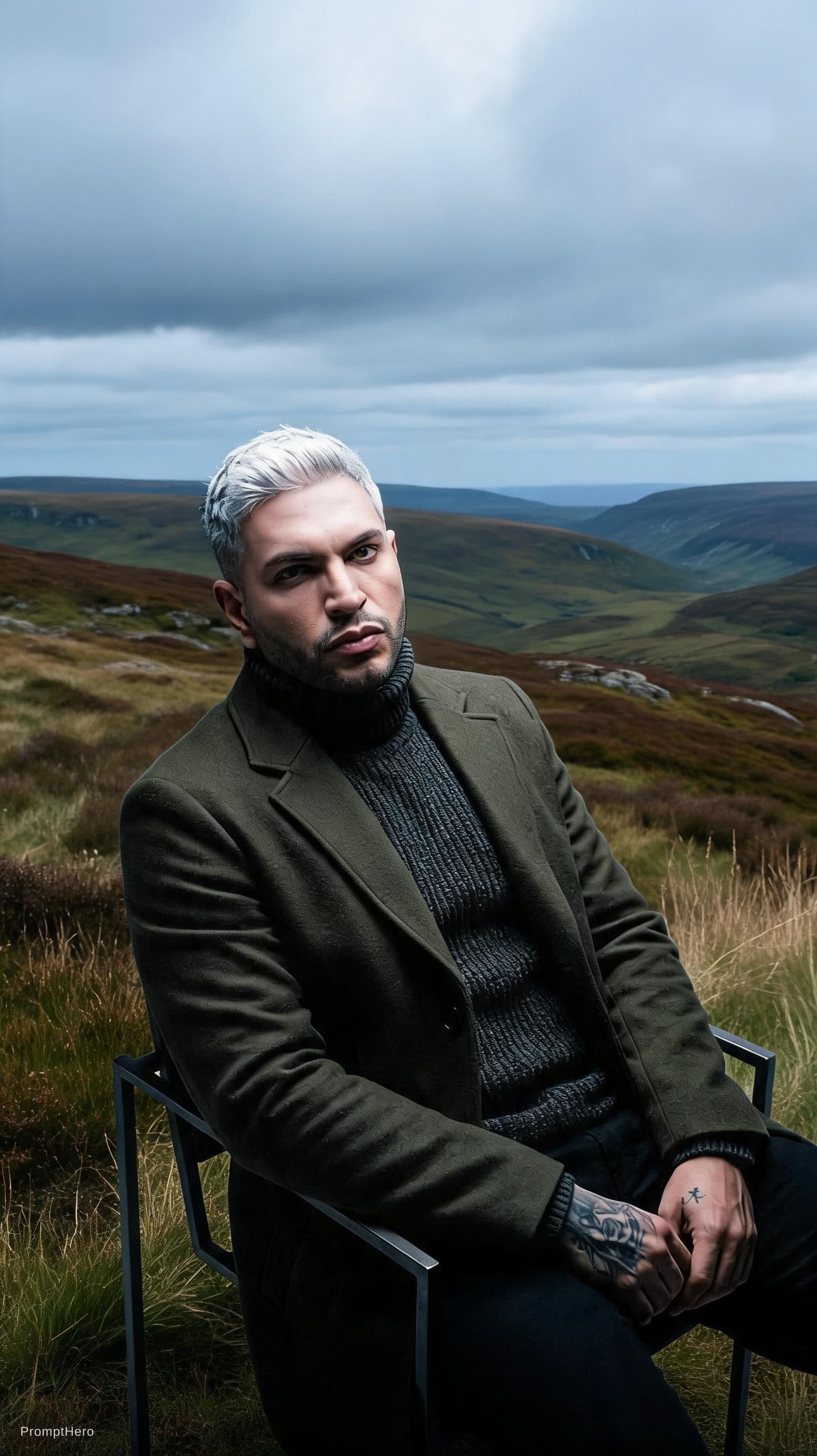 AI generated: the man in the field is dressed for the camera, in the style of daria endresen, kris knight, scottis...