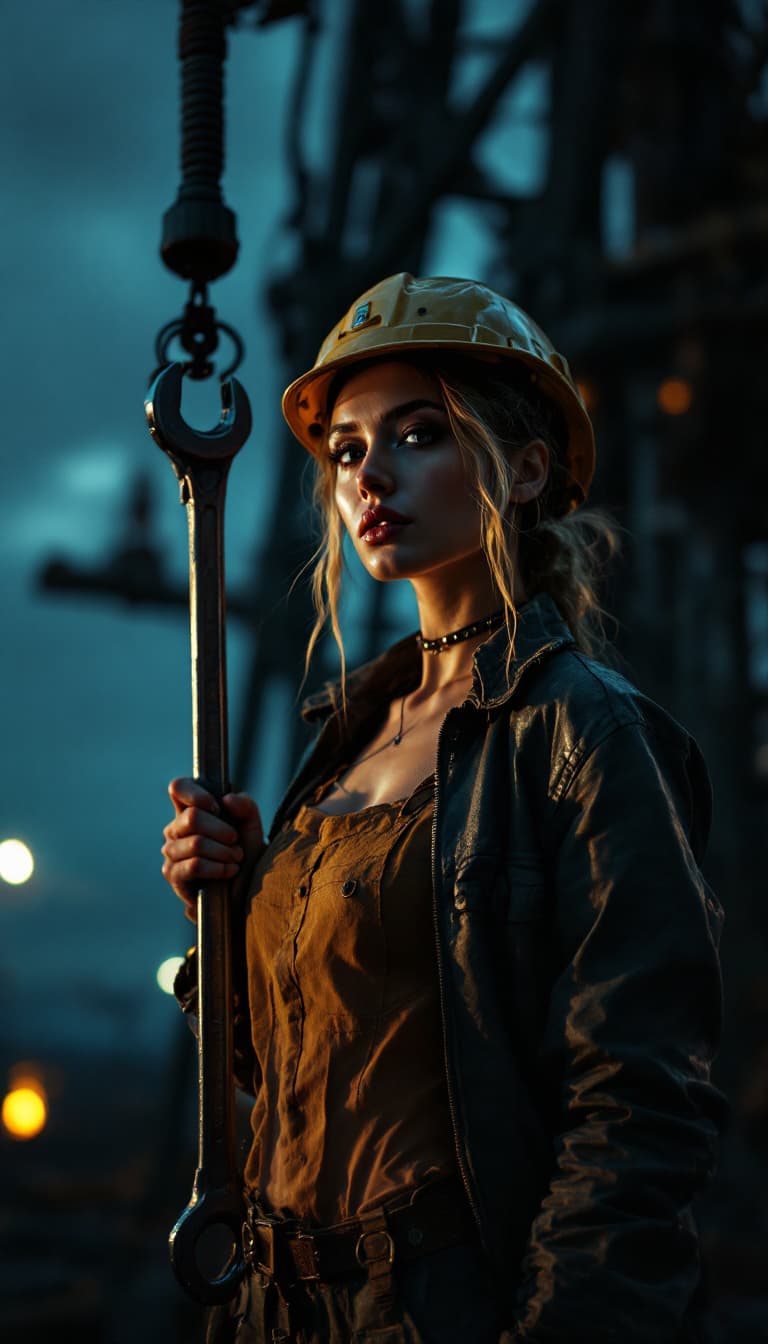 AI generated: woman holding a wrench, standing on an oil rig, dramatic lighting