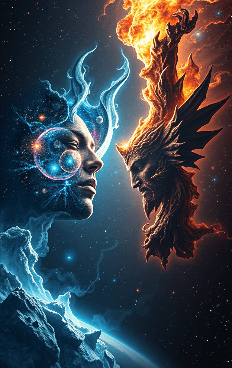 AI generated: In the vast emptiness of the interstellar void, two omnipotent deities from separate dimensions coll...