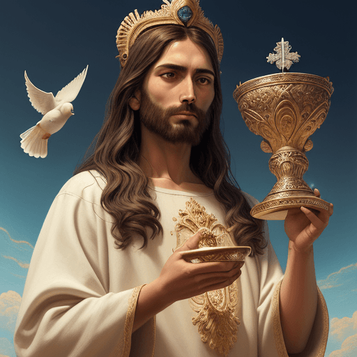 AI generated: Jesus holding a host and a intricate carved chalice, with a white dove hovering above under the beau...