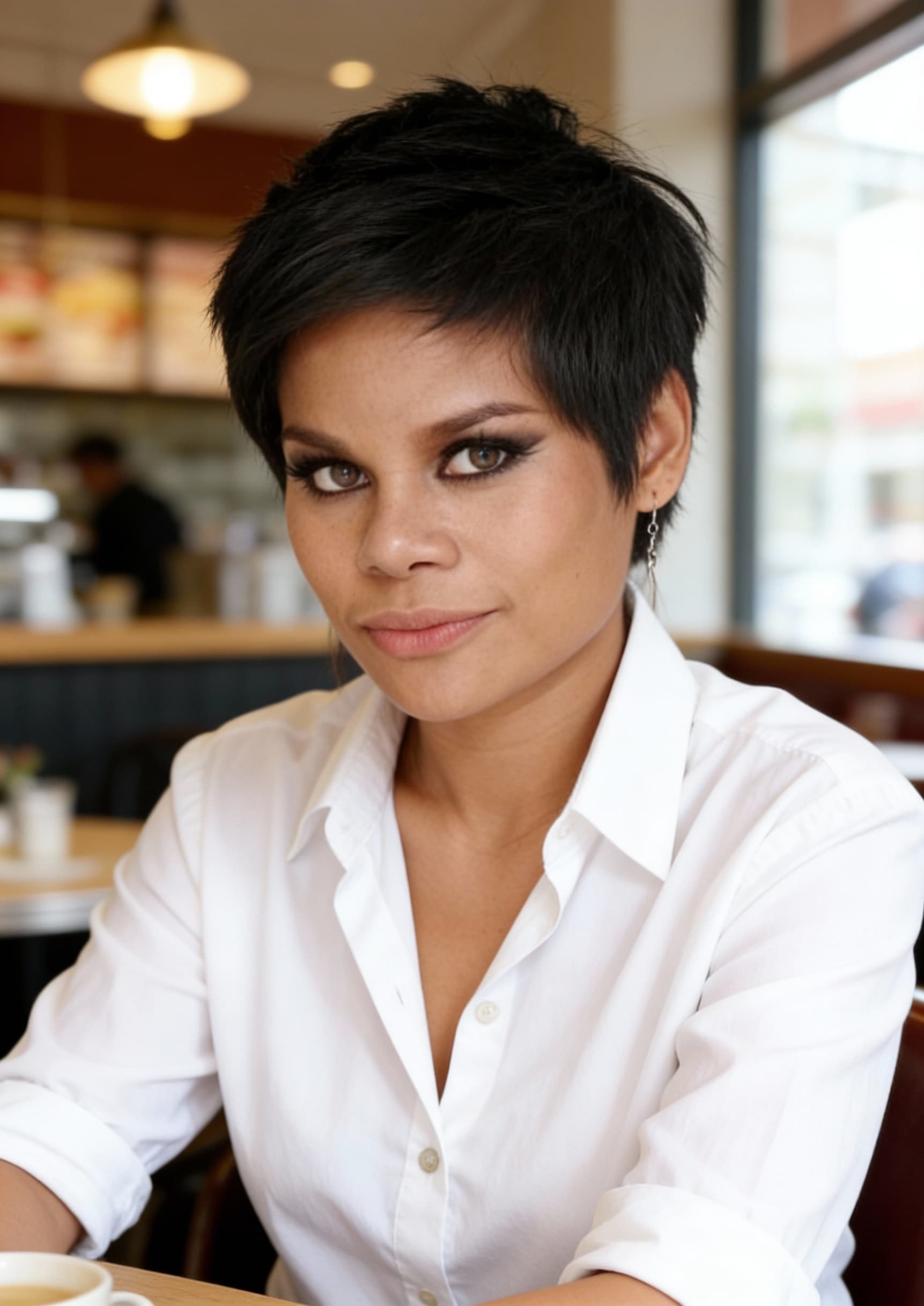 AI generated: Photo of beautiful woman, in a white shirt,  sitting in a cafe, with sharp focus on her face, in bri...