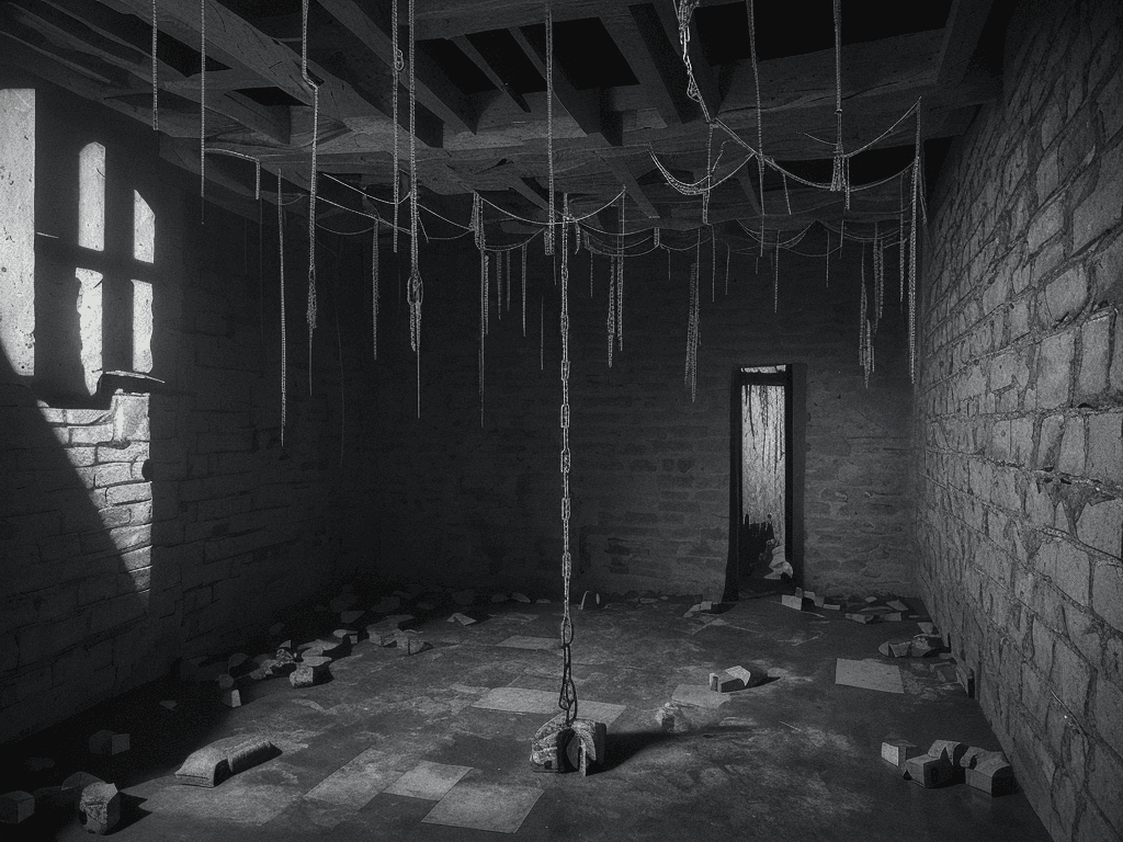 AI generated: a dramatic and eerie scene, set against a wide, panoramic backdrop of a dimly lit room. The room is ...
