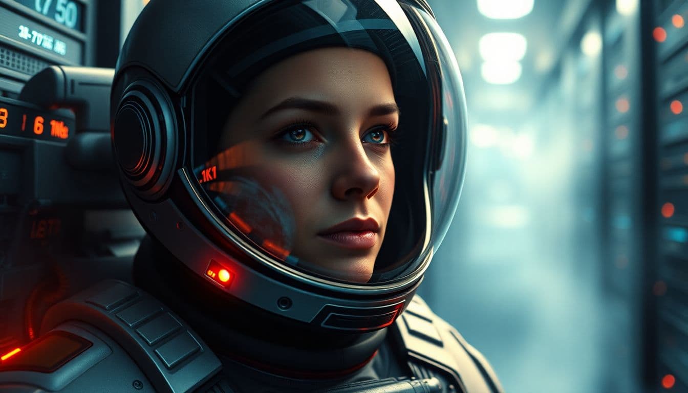 AI generated: Astronaut, wearing futuristic astonaut outfit with space helmet, beautiful body and face, very breat...