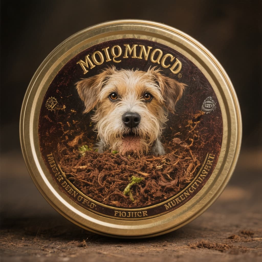 AI generated: Generate an image of a dry snuff product for dog.  It should be a round tin, with a polished, profes...