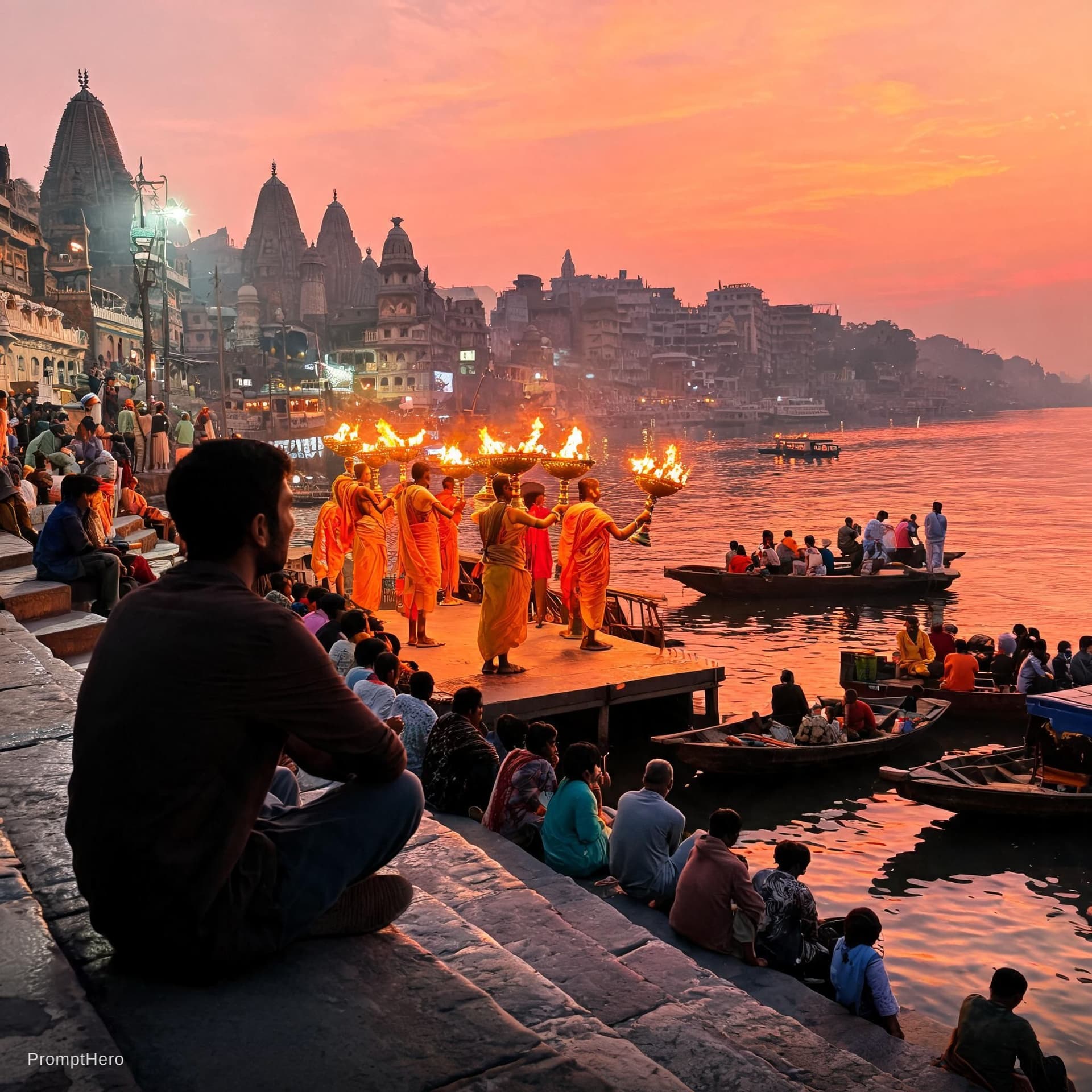 AI generated: Sitting on the ghats of Banaras and watching the beautiful view of Ganga Aarti. 