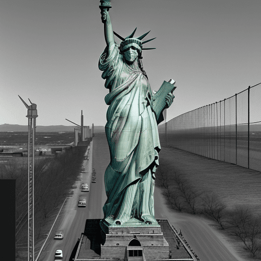 AI generated: A vintage photo shows, the Statue of Liberty building the southern border wall, at scale, with a "NO...