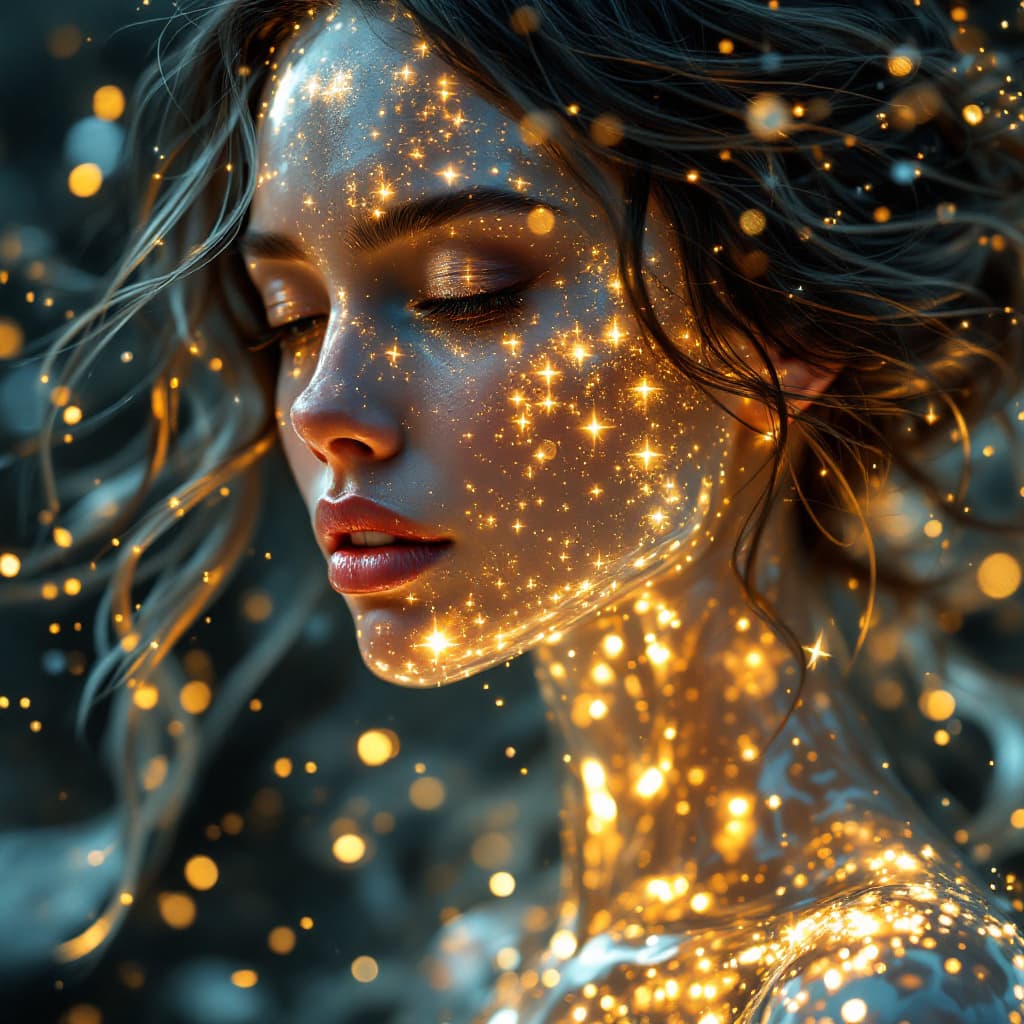 AI generated: A photorealistic 4K image of a woman with transparent, crystal-like skin, glowing from within with a...
