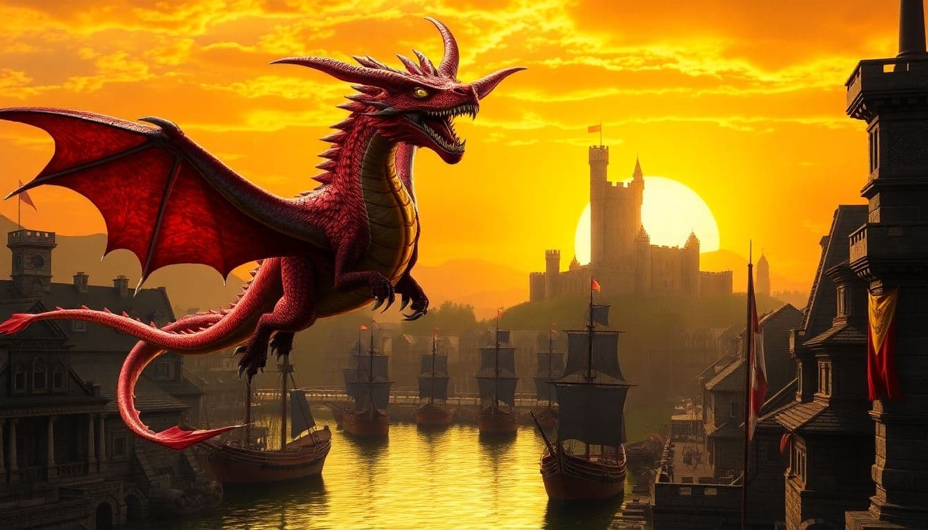 AI generated: a fantasy scene of a dragon soaring over a harbor city. The dragon is a large, fire-breathing reptil...