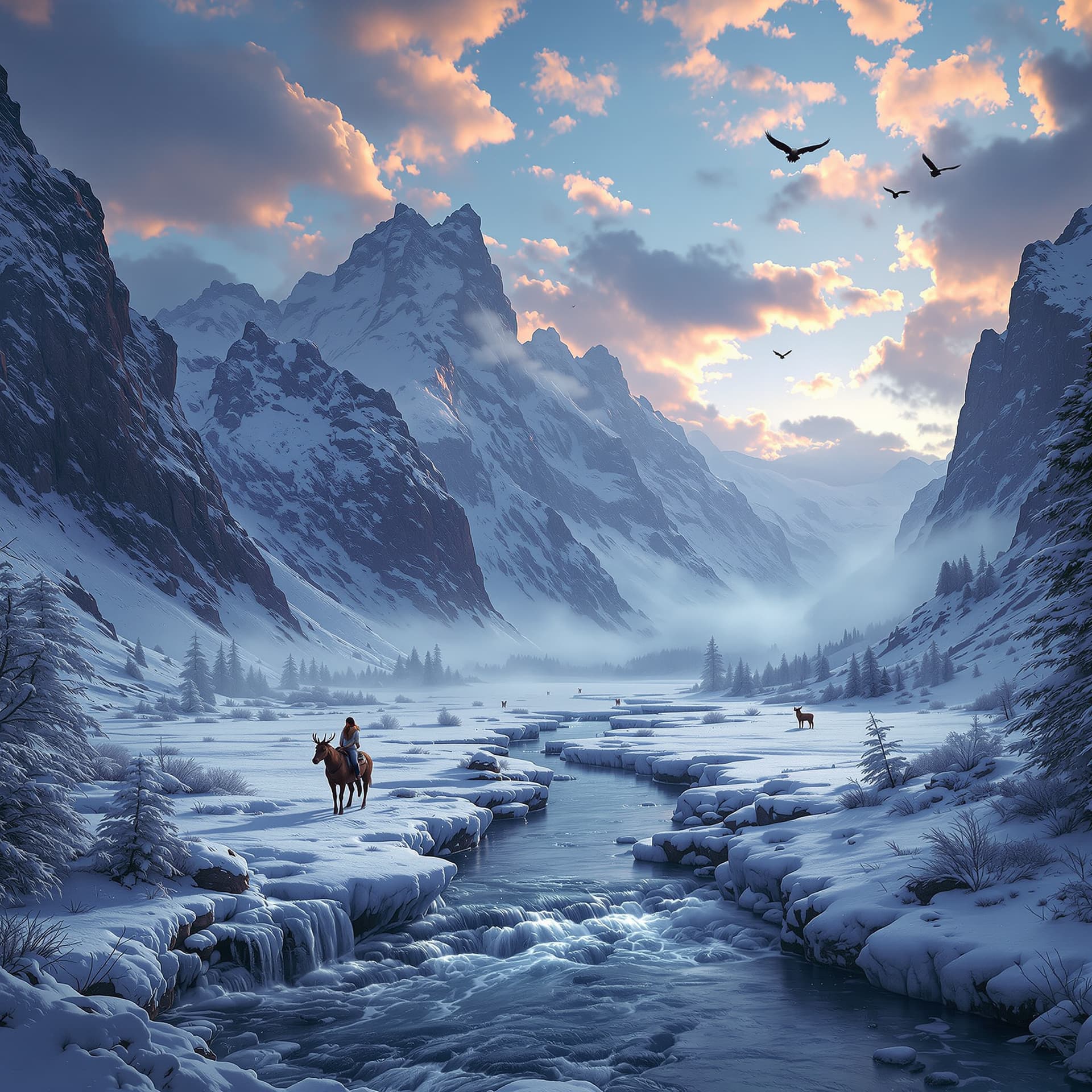AI generated: Deep color, windy, snowy valley, with steep mountains around, deeply detailed 4k, drone-like view fr...