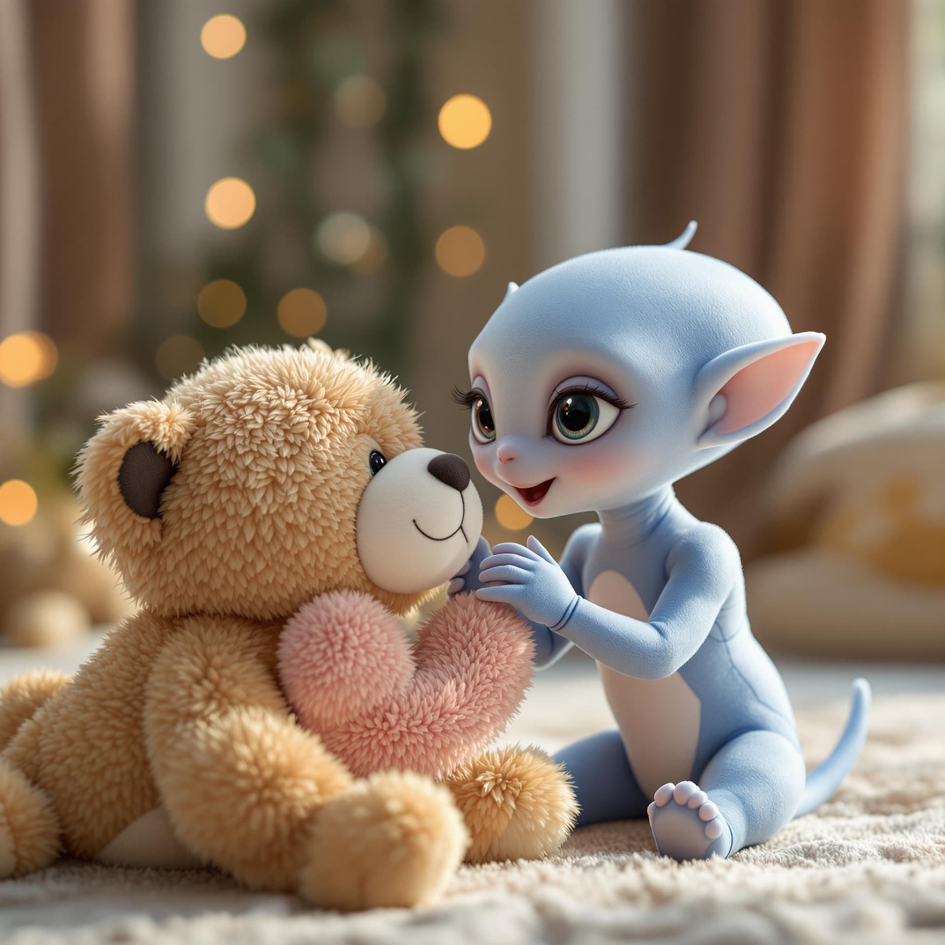 AI generated: a beautiful and cute alien  babie playing with a plush animal,the plush animal is larger than the ba...