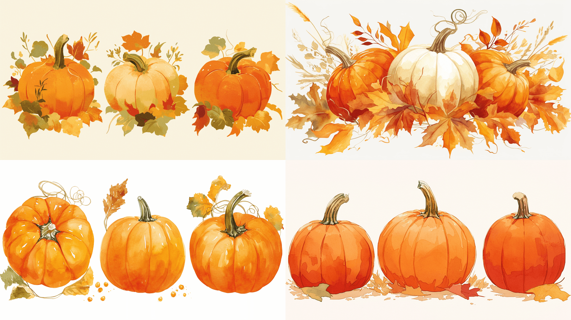 AI generated: An knolling illustration of 3 pumpkins in warm autumn colors. white background, adding depth to the ...