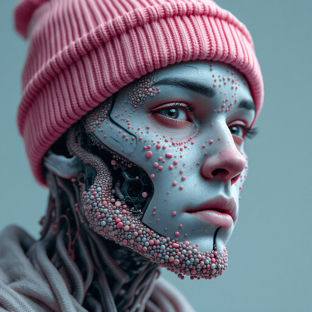 AI generated:  a close up of a person wearing a beanie, digital art, inspired by Kubisi art, behance contest winne...