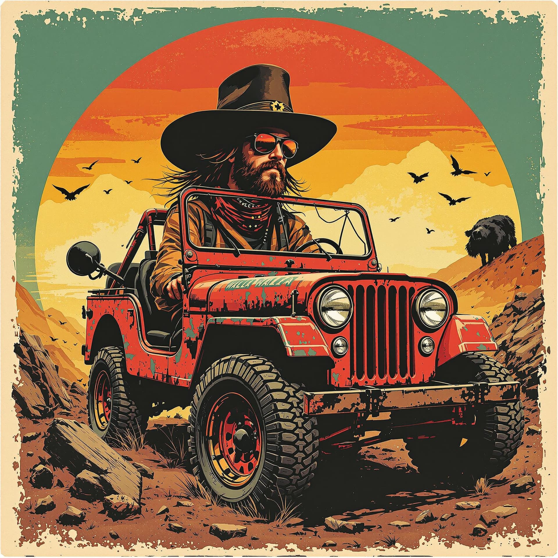 AI generated: Jeep vintage poster,  A hippy driver with a top hat in the style of rustic simplicity, gritty report...