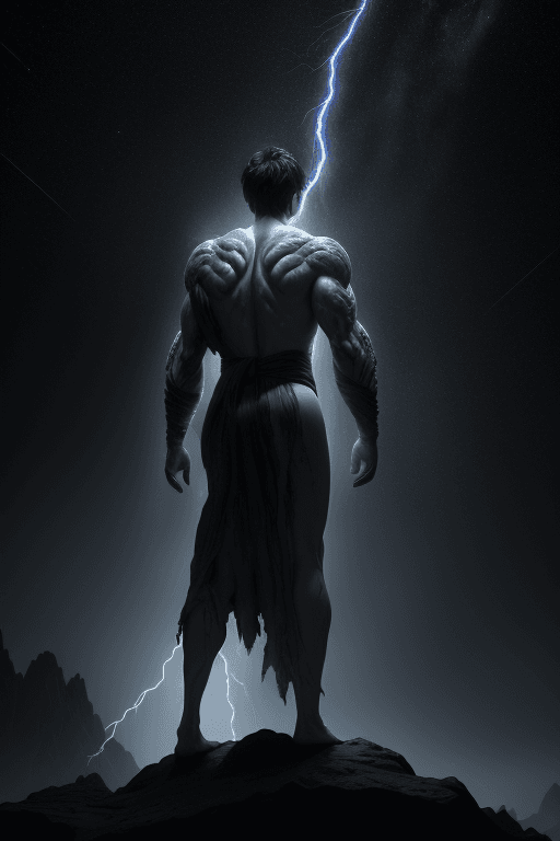 AI generated: Photo of a cosmic male humanoid, torn robes, standing on an asteroid, short black hair, Dark lightni...