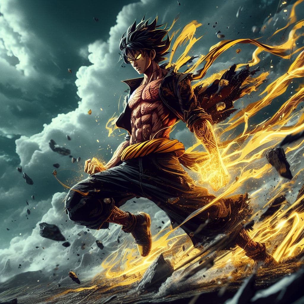 AI generated: badass male character looking like the fusion between Luffy and a Saiyan, and yellow aura around him...