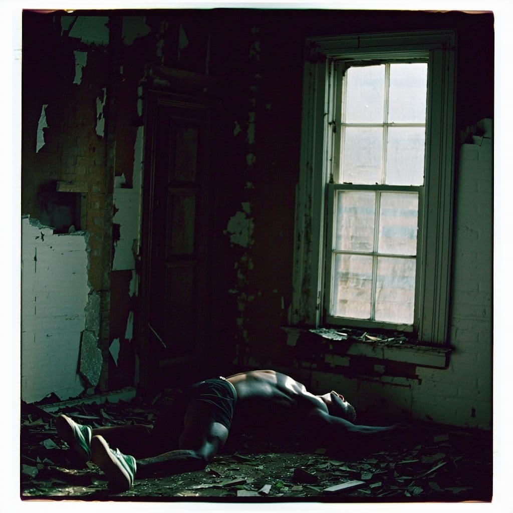 AI generated: grainy 80's photograph quality polaroid of ronnie coleman suicide caught in an abandoned house, dark