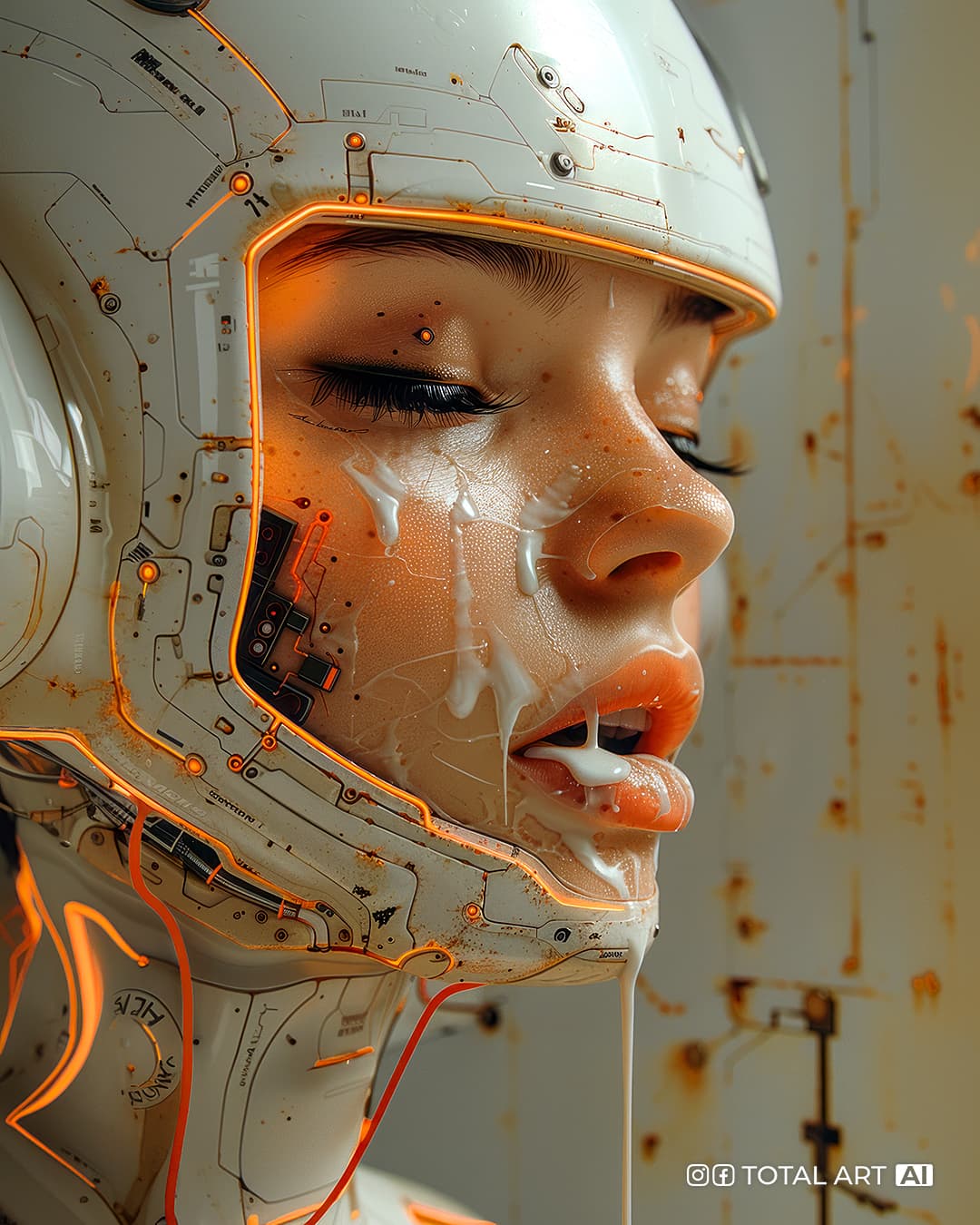 AI generated: A side view face of a beautiful European woman in the style of retro futuristic propaganda, her eyes...