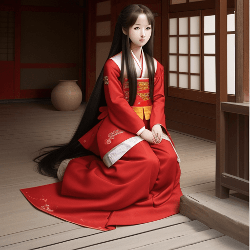 AI generated: cute 1500s korean girl, smile big eyes, korea transitional red dress, long hair, background: 1500s k...