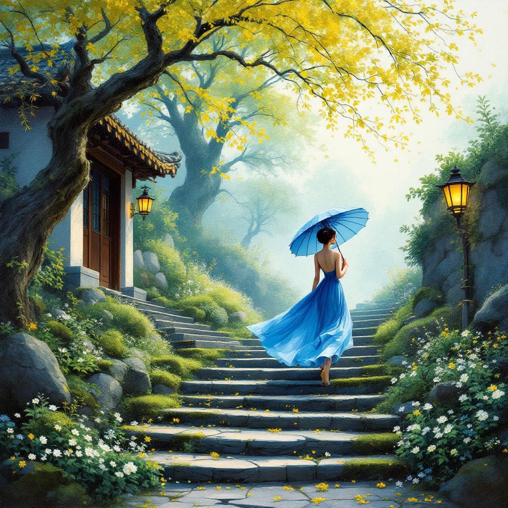 AI generated: Oil painting of a graceful woman walking up moss-covered stone steps surrounded by small wildflowers...