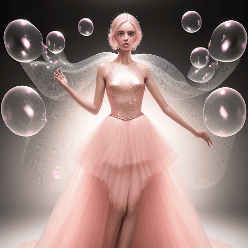 AI generated: fashion editorial photo of a model with a lot of bubbles in light pink evening dress poses in photos...