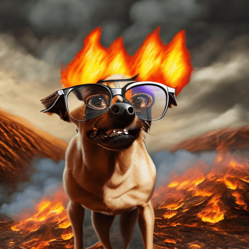 AI generated: Hyper realistic, dog with glasses, very angry and stressed, maximum quality, background with a burni...