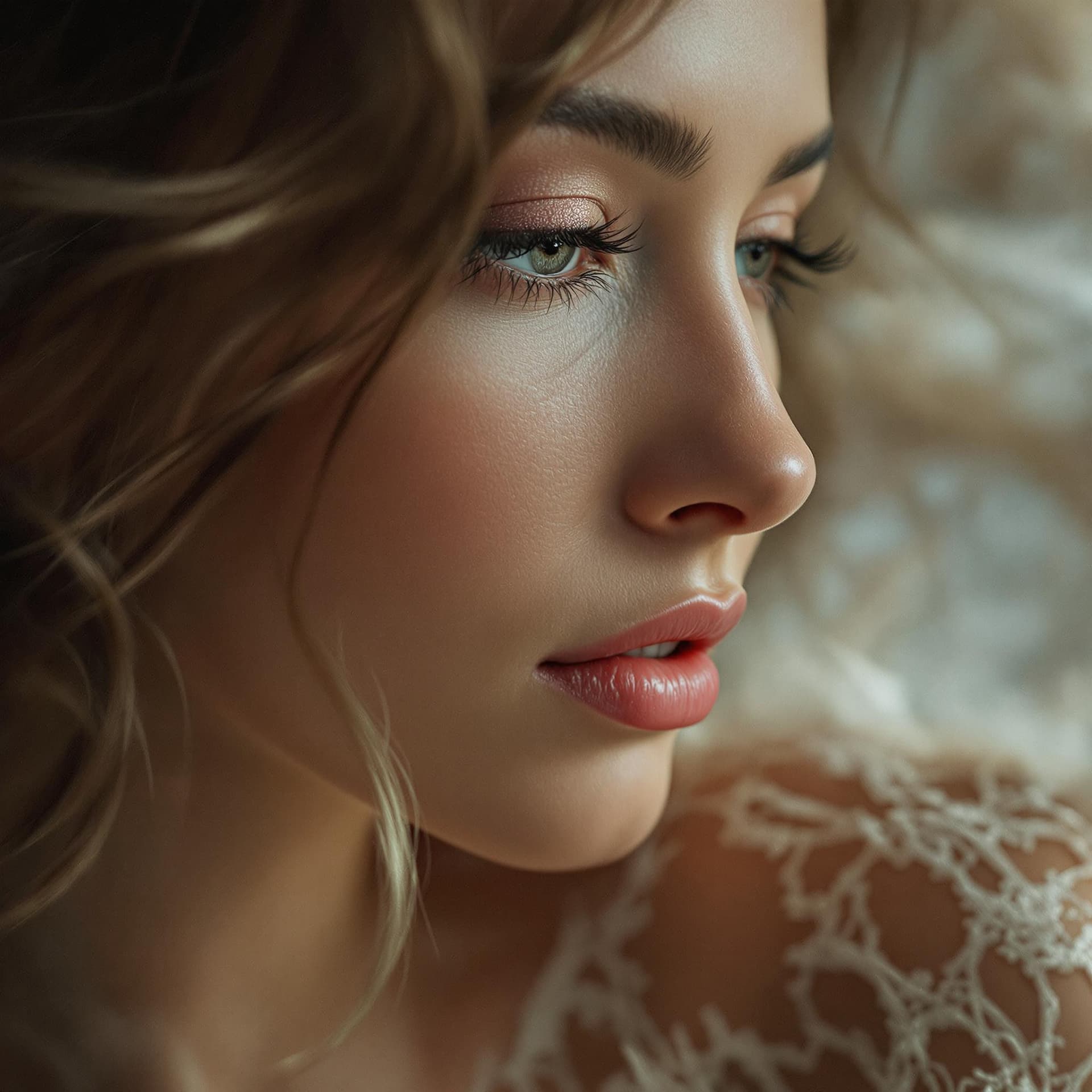 AI generated: dreamy lingerie portrait, feathery texture, hushed palette