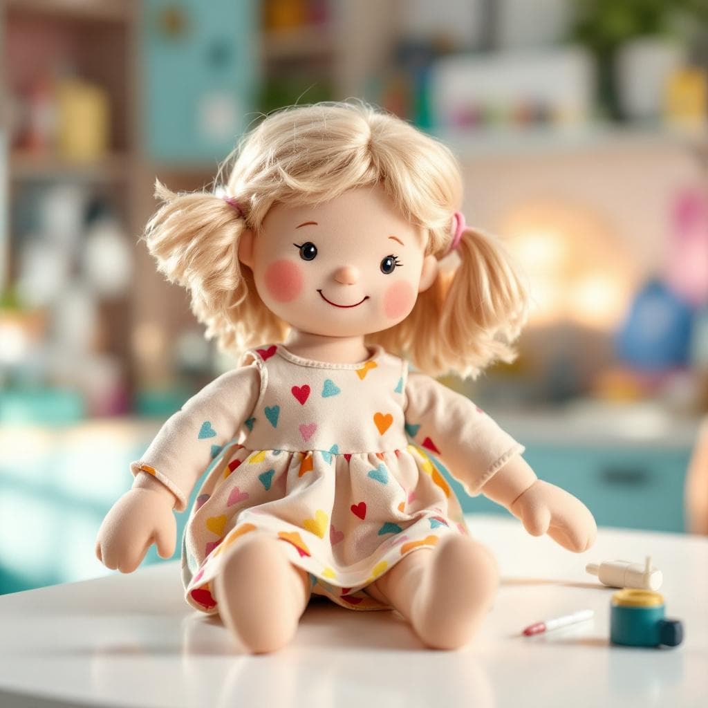 AI generated: A 50 cm tall educational rag doll designed for children to learn about blood tests. The doll has a s...