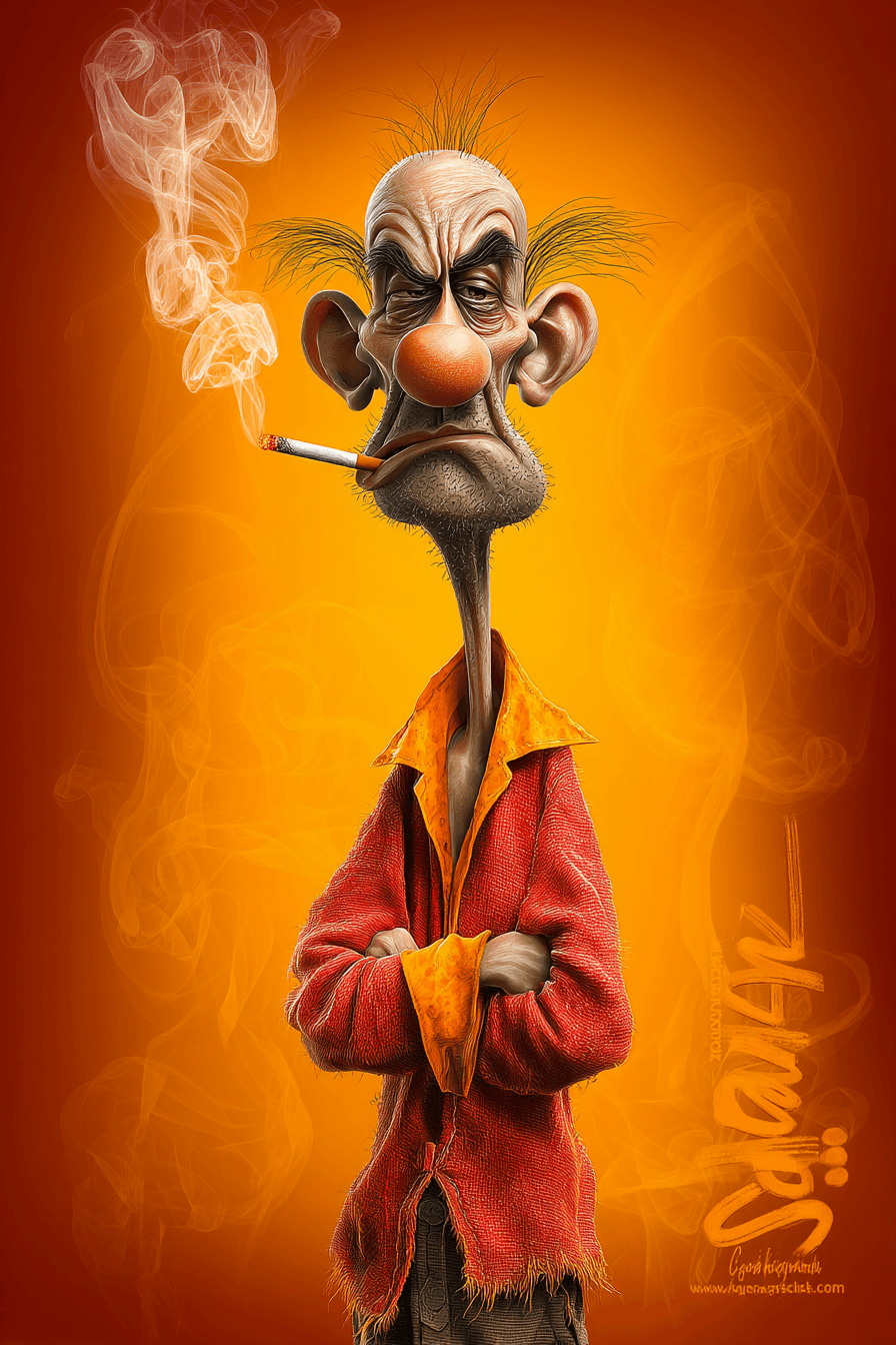 AI generated: funny caricature, disheveled clown character, male, 45 years old, messy, grumpy, tired, exaggerated ...