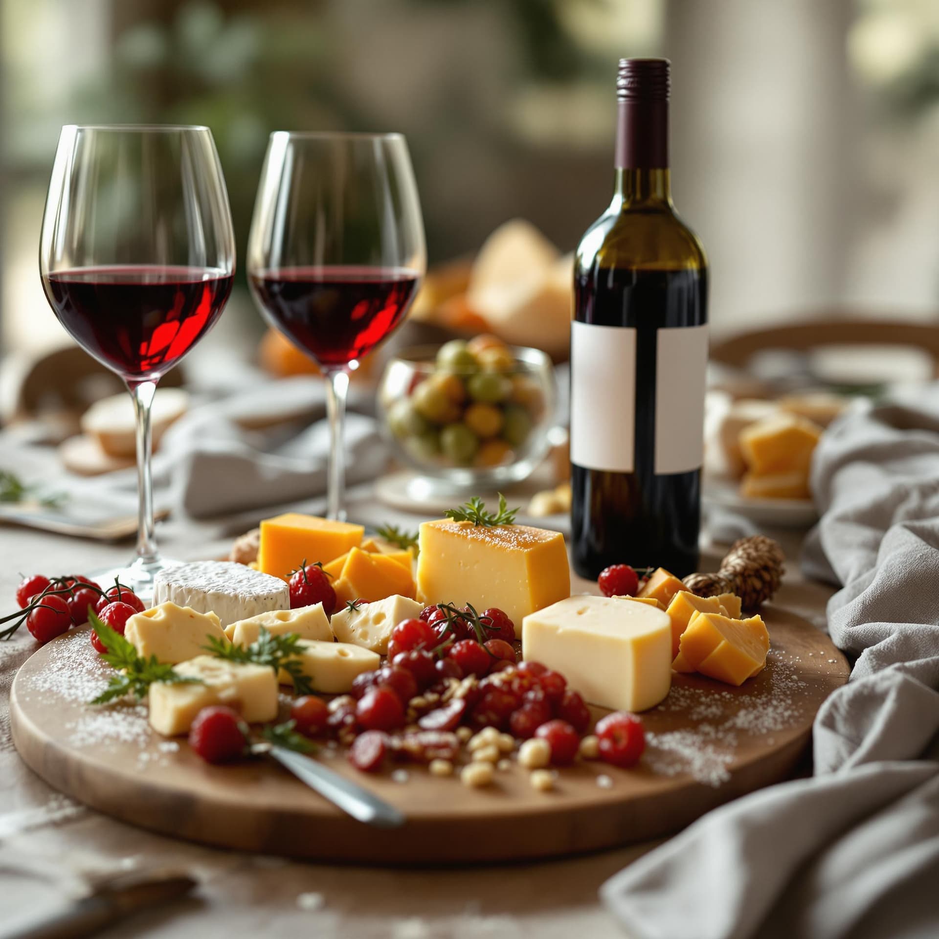 AI generated: A cheese platter with wine glasses and a bottle of red wine dslr, ultra quality, sharp focus, tack s...