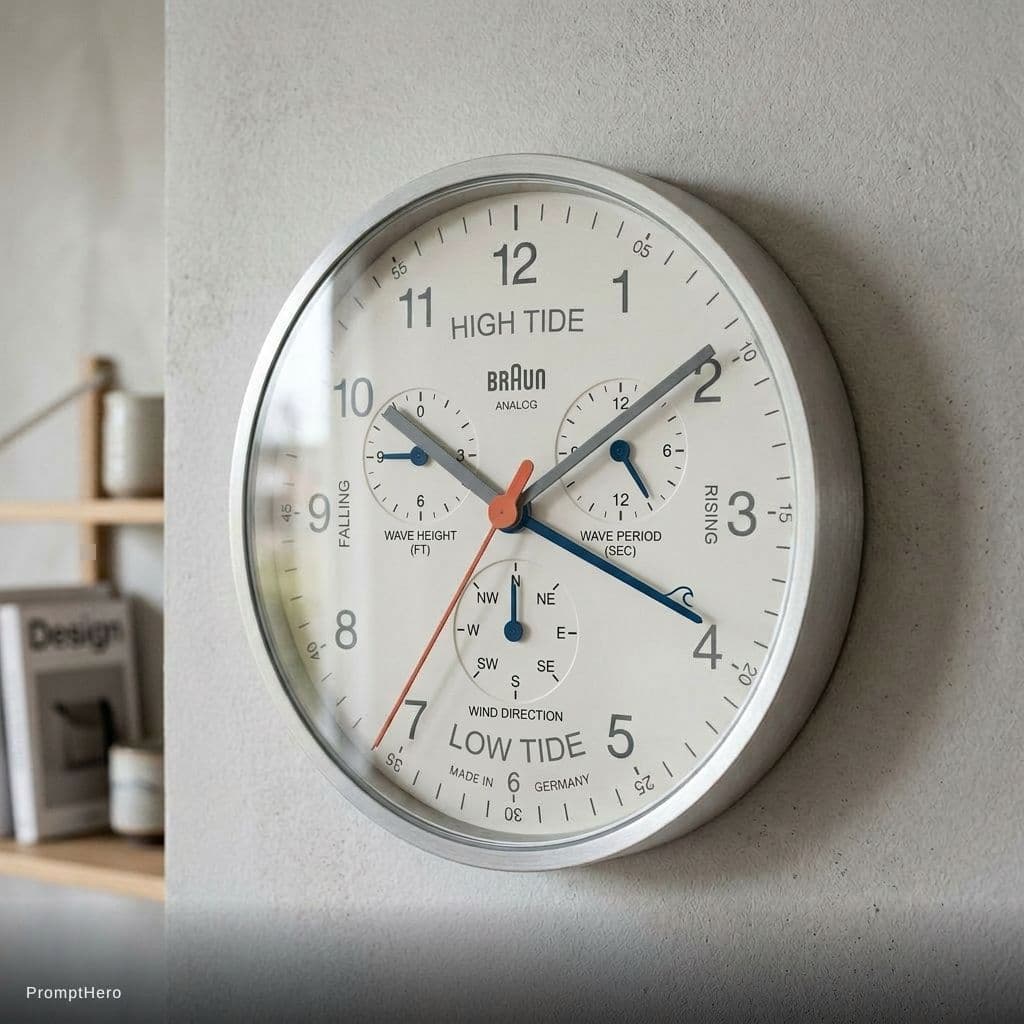 AI generated: Using this clock creates a clock that for its main arm points out what tide it is for a surfer. So a...