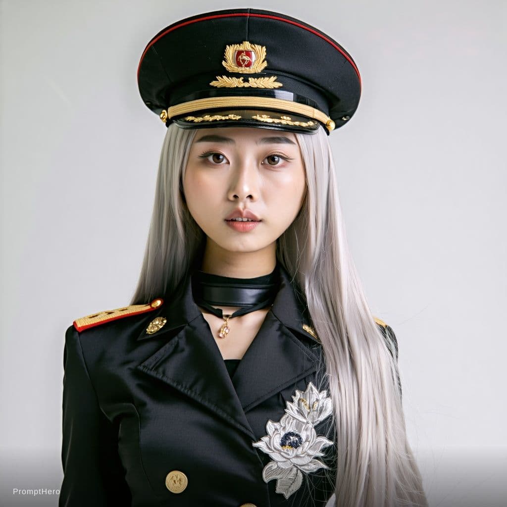 AI generated: Hyper-realistic studio portrait of a beautiful young East-Asian woman cosplaying as a dominant milit...