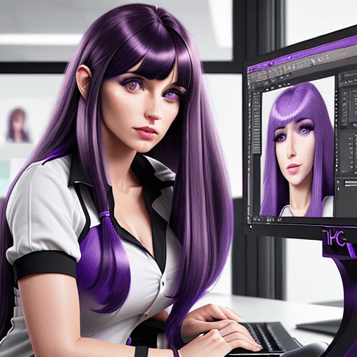 AI generated: Hyper realistic woman working in pc with graphic designer, looking the screen. Such a extraflat nose...