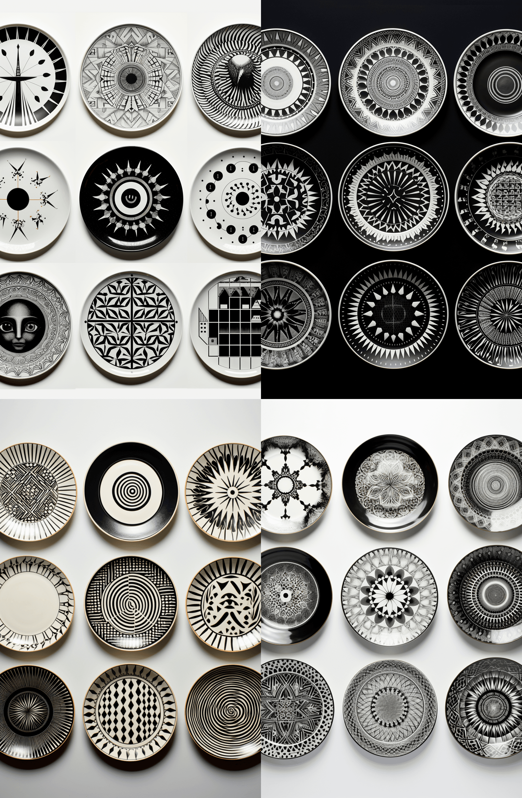 AI generated: 6 plates with symmetrical geometric patterns, each in different sizes and styles, arranged neatly on...