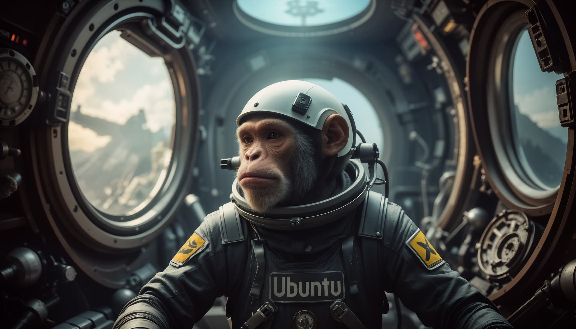 AI generated: a photo taken on a 32 mm camera lens of a humanoid monkey wearing a spacesuit onboard of a spaceship...