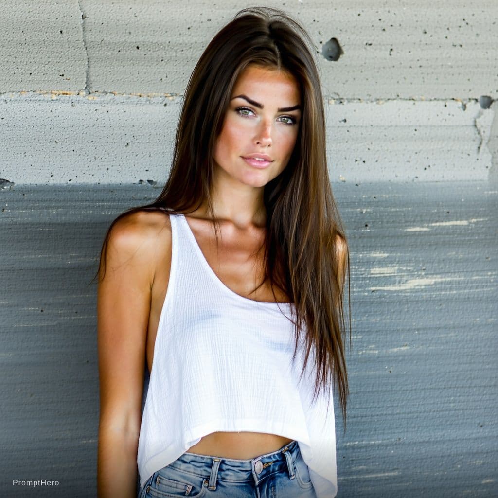 AI generated: A woman with long brunette hair and fair skin is captured in a candid moment.She's wearing a very lo...