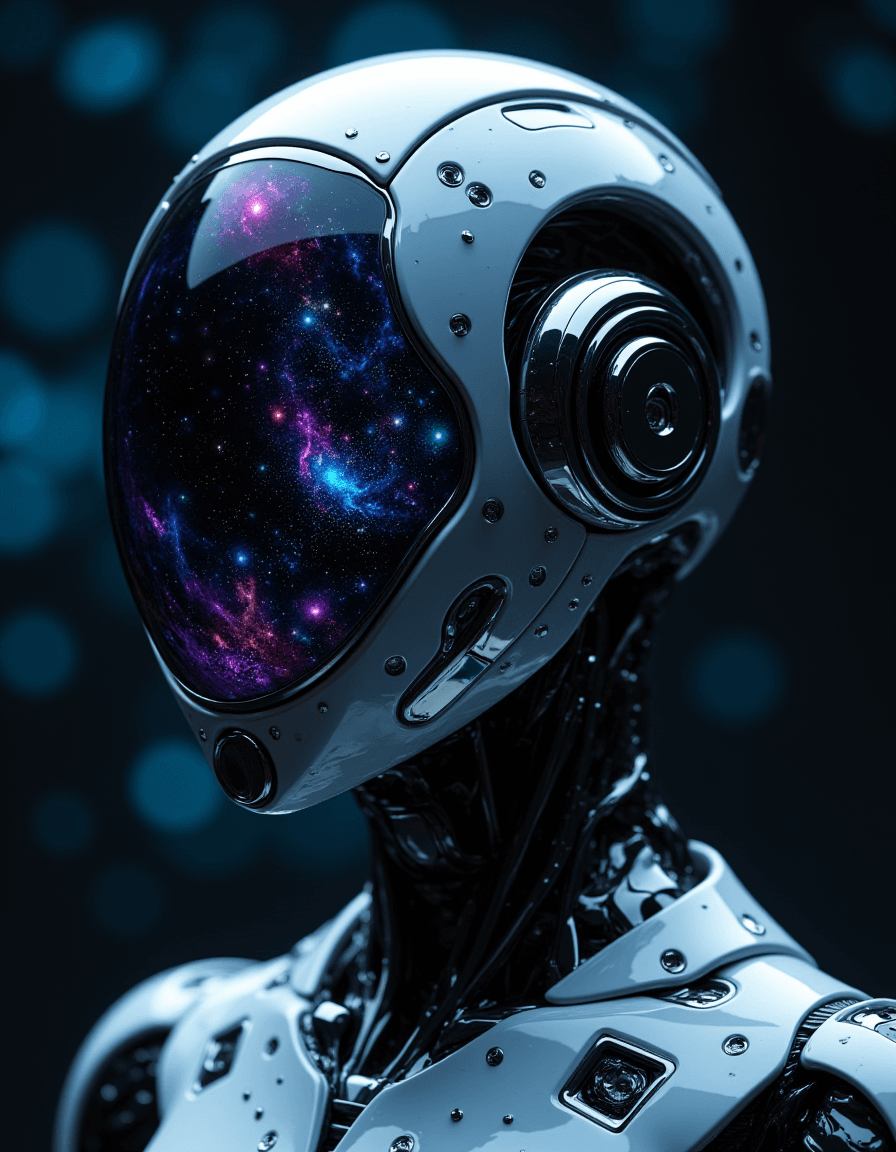 AI generated: a highly detailed cinematic closeup frontal portrait, humanoid robot with a reflective, dome-shaped ...