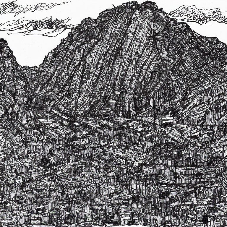 AI generated: black and white pen and ink drawing, of a city inside a granite canyon, in the style of patten wilso...