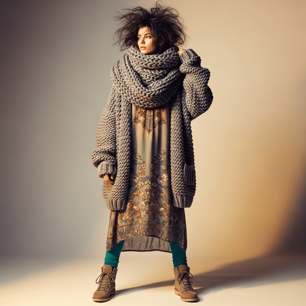 AI generated: A full-body studio portrait of a woman with messy, voluminous dark hair, wearing a cozy oversized gr...