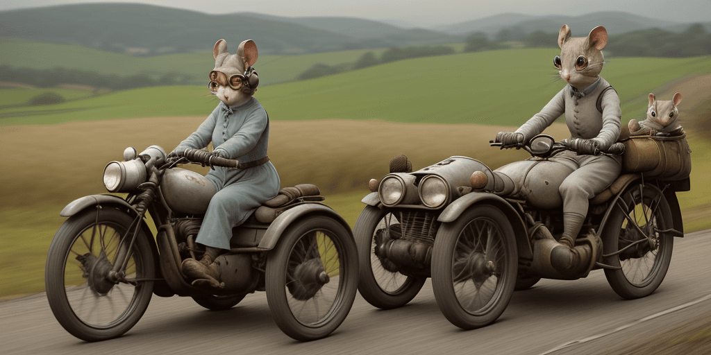 AI generated: cinematic film still award winning photo, style beatrix potter, 2 grey mice, wearing open face crash...