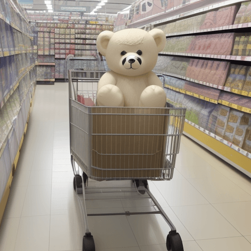 AI generated: un ours blanc pousse un chariot de courses dans un magasin qui est remplis de bocaux de miel