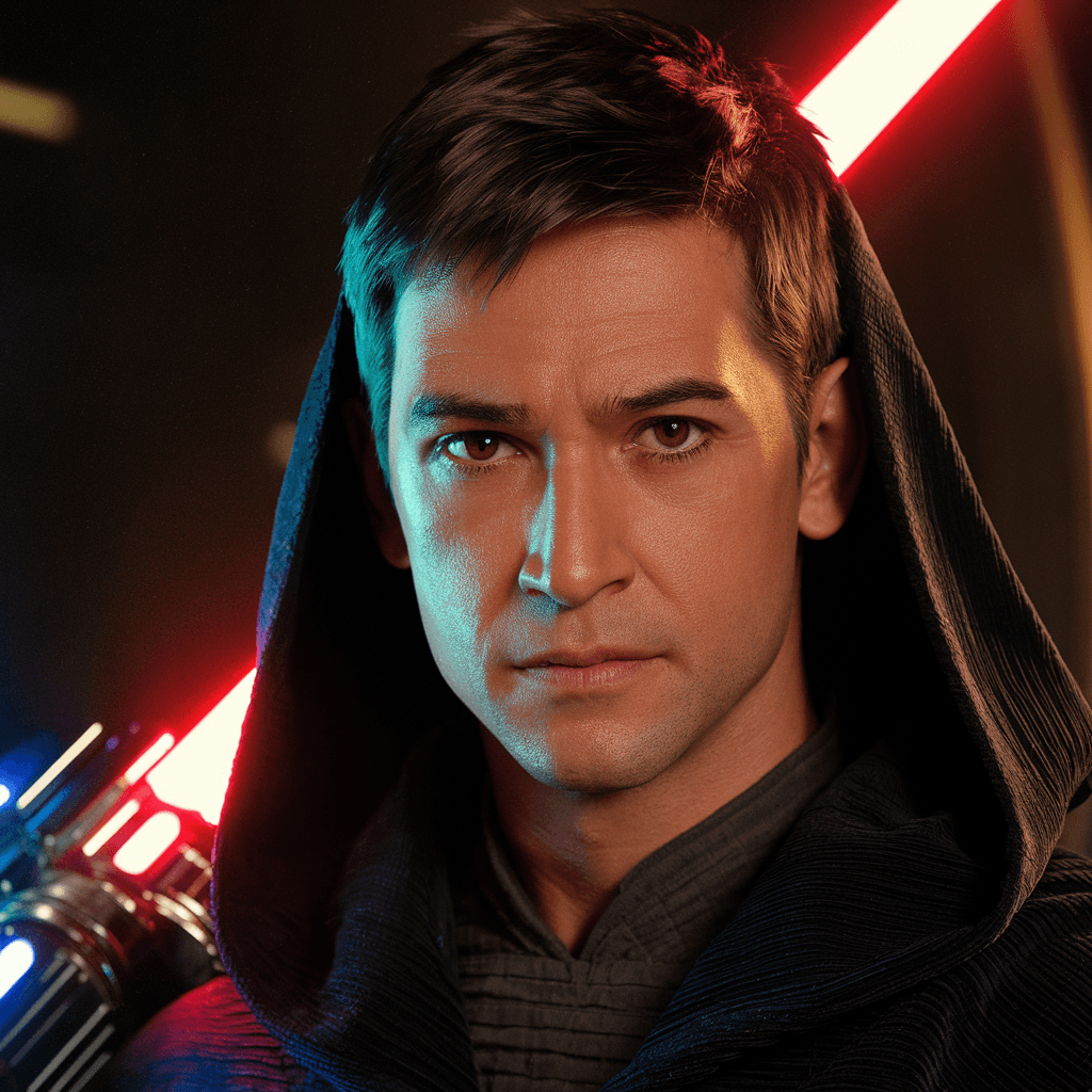AI generated: 1boy, male focus,short hair,black hair,detailed eyes,brown eyes,star wars,kylo ren,wearing black rob...