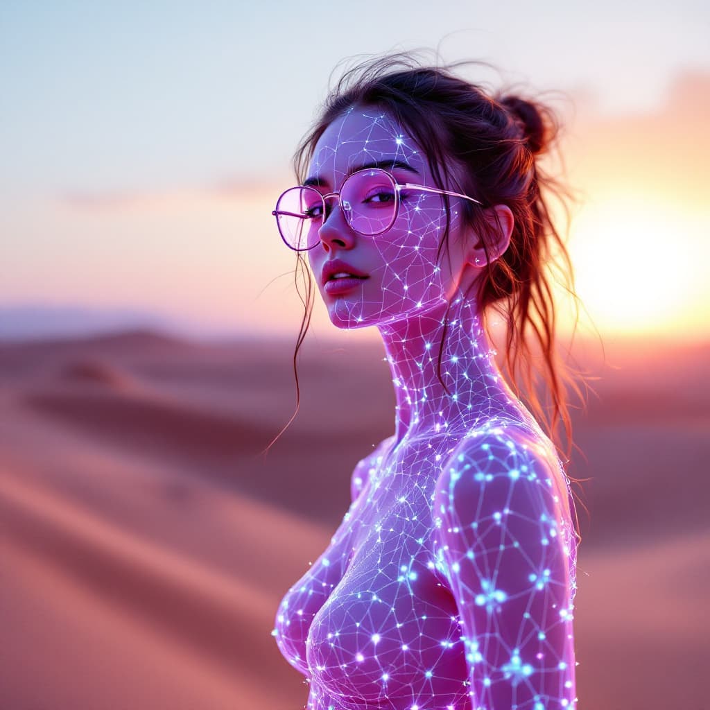AI generated: A digital art piece of an pertty female model in a glowing, translucent, fluorescent, ethereal style...