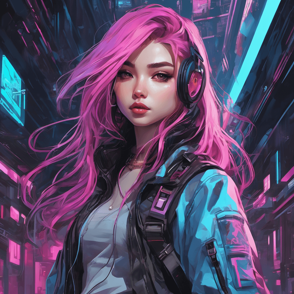 AI generated: a cute girl with long hair and a short skirt, in the style of cyberpunk manga, light magenta and dar...