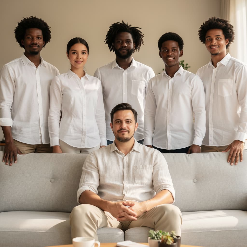 AI generated: Draw the man in the photo sitting on a sofa, and behind the sofa, five Afro-descendant people lookin...