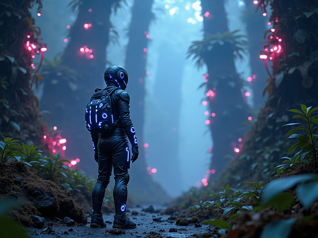 AI generated: A futuristic alien adventurer wearing an adaptive nano-suit, equipped with a gravity hammer. They ar...