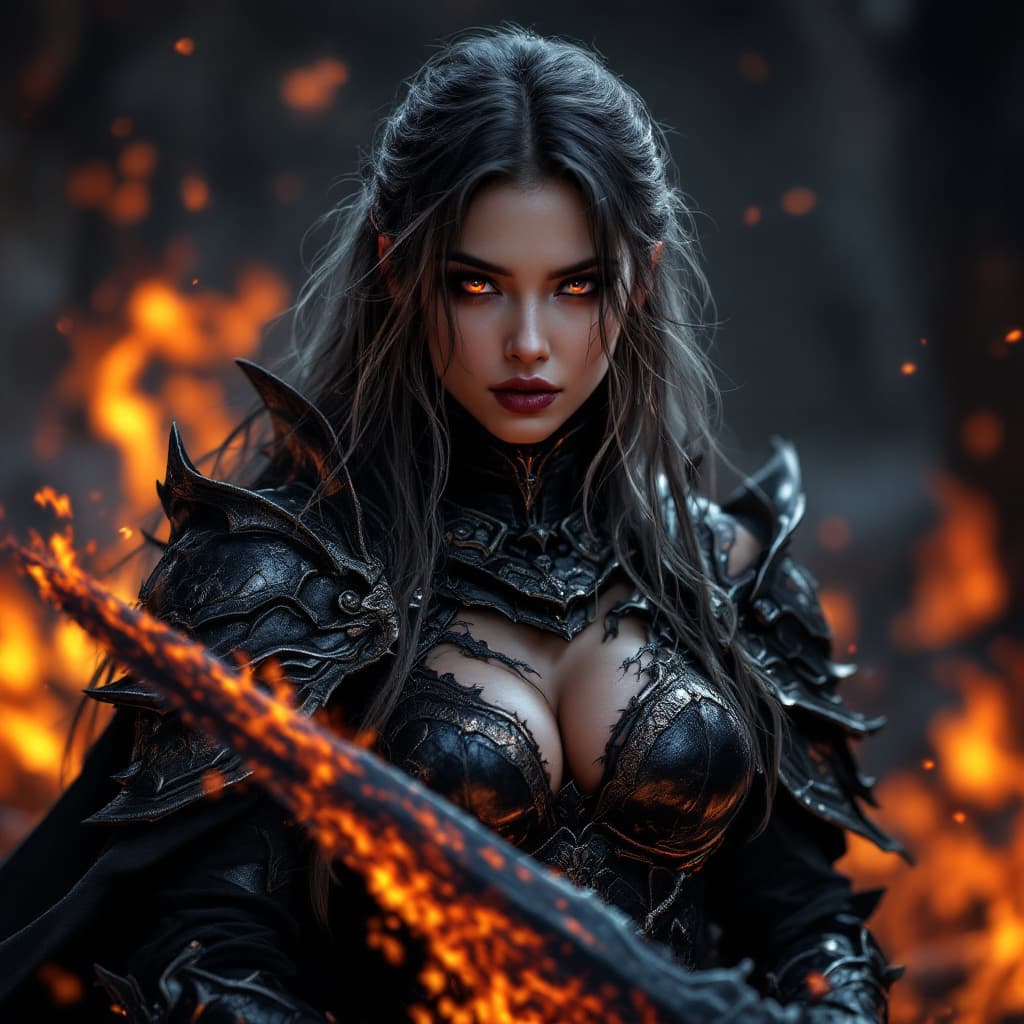 AI generated: Realistic women with black scary armor, Holding fire Sword,human face,long hair, perfectly detailed ...