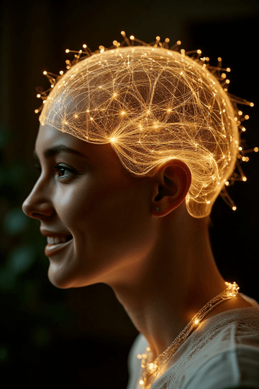 AI generated: Neural Lace – A human head, but instead of a brain, thousands of golden threads interwoven like a di...